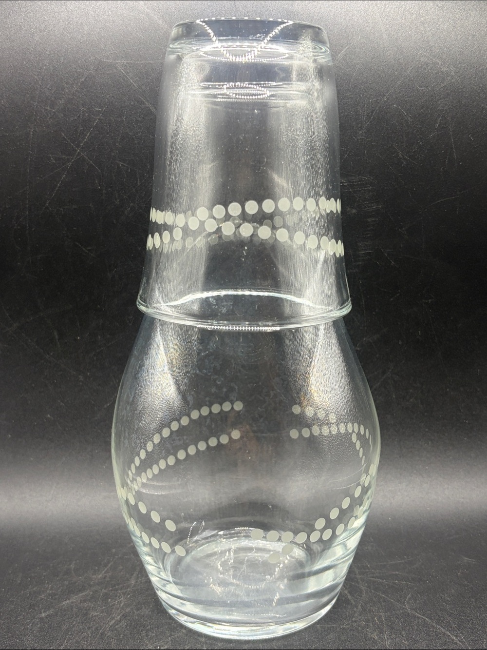 Crisa Glass Vintage Bedside Carafe Decanter & Cup Polka Dot Pattern Glassware